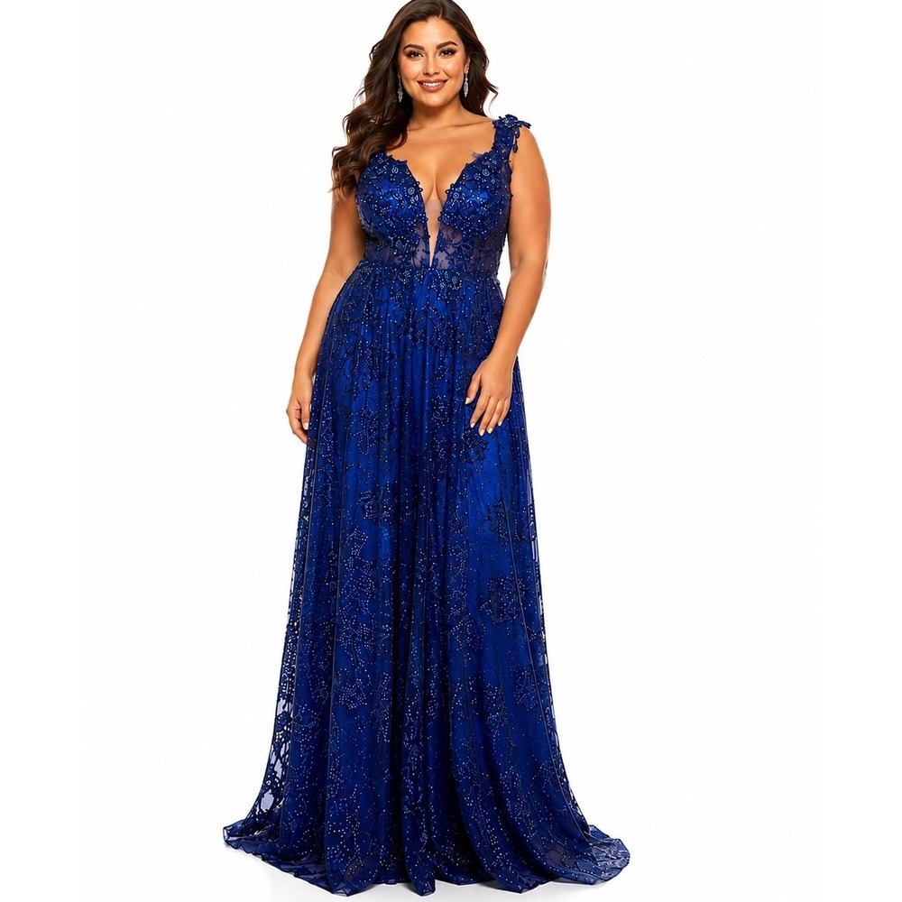 Coya Collection Royal Blue Beaded Formal Gown L Open Back Prom Gala Dress Sequin